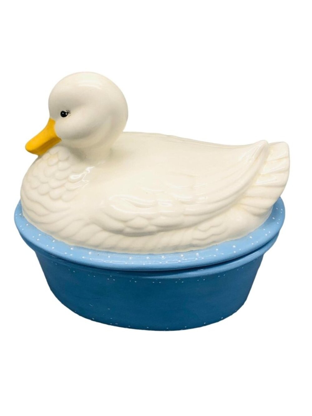 vintage duck dish with lid white light blue white dots 10x9" porcelain READ